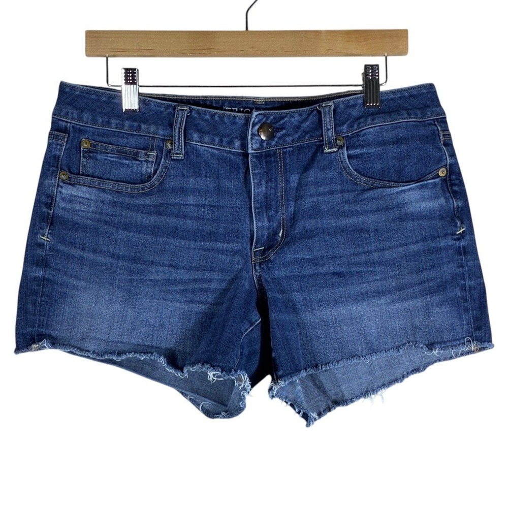 American Eagle Shortie Solid Denim Shorts Blue Super Stretch Raw Hem Size 14